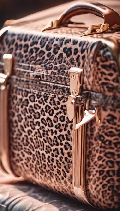 An image of a rose gold leopard print adorning an elegant piece of vintage luggage.