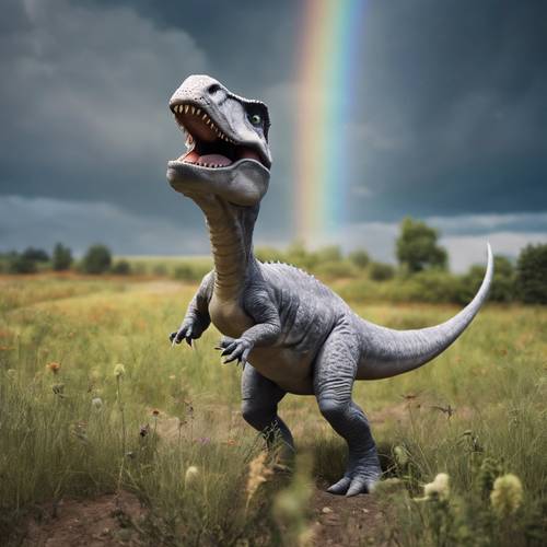 Ein grauer Dinosaurier, der fröhlich auf einem Feld herumtollt, über dem sich am Himmel ein Regenbogen wölbt.