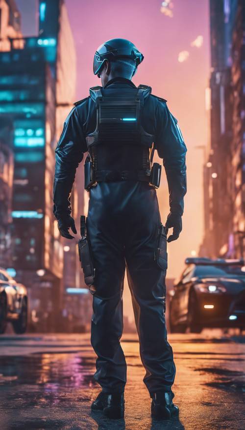 Ein autoritär aussehender Polizist in einer futuristischen Hightech-Uniform in einer Cyberpunk-Stadt bei Sonnenuntergang.