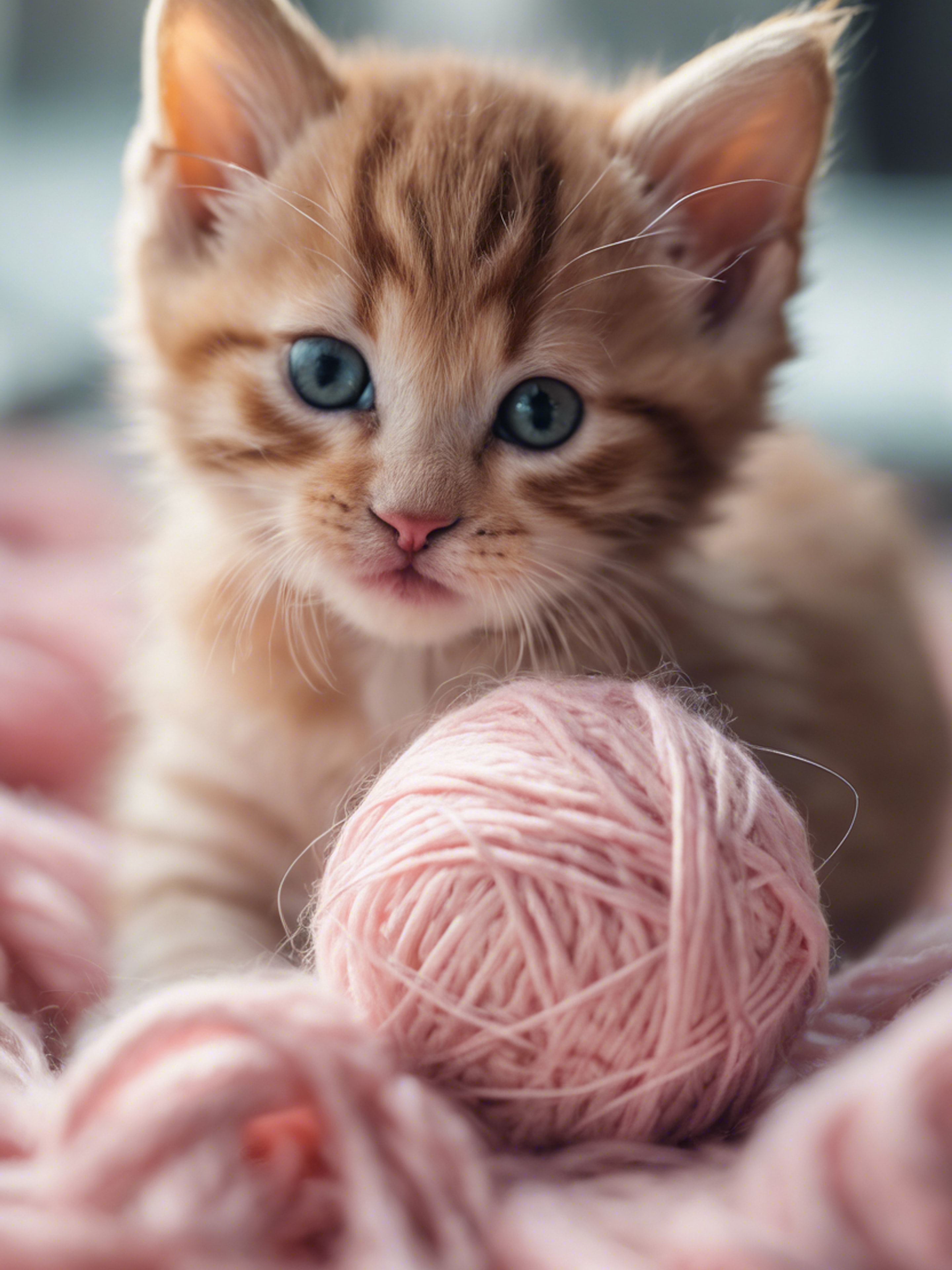 An adorable kitten with light pink fur playing with a ball of yarn. Wallpaper[dd75fe7383ed41cb9c9c]