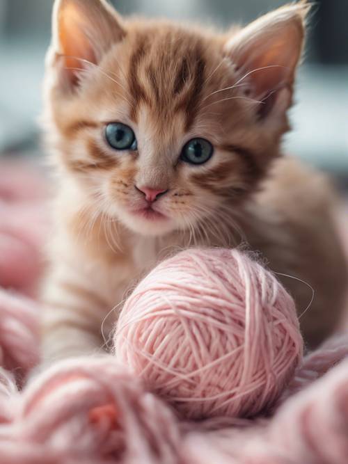 An adorable kitten with light pink fur playing with a ball of yarn.