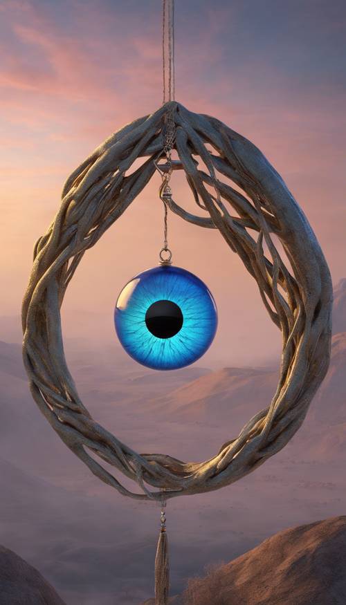 A realistic 3D evil eye crafted from vibrant glass that is gazing over a deserted misty landscape at twilight.