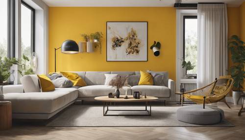 Una sala de estar en una casa de estilo moderno, con una pared decorativa en amarillo vibrante.