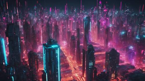 Eine abstrakte Darstellung der Skyline einer Cyberpunk-Stadt, beleuchtet mit Neonlichtern.