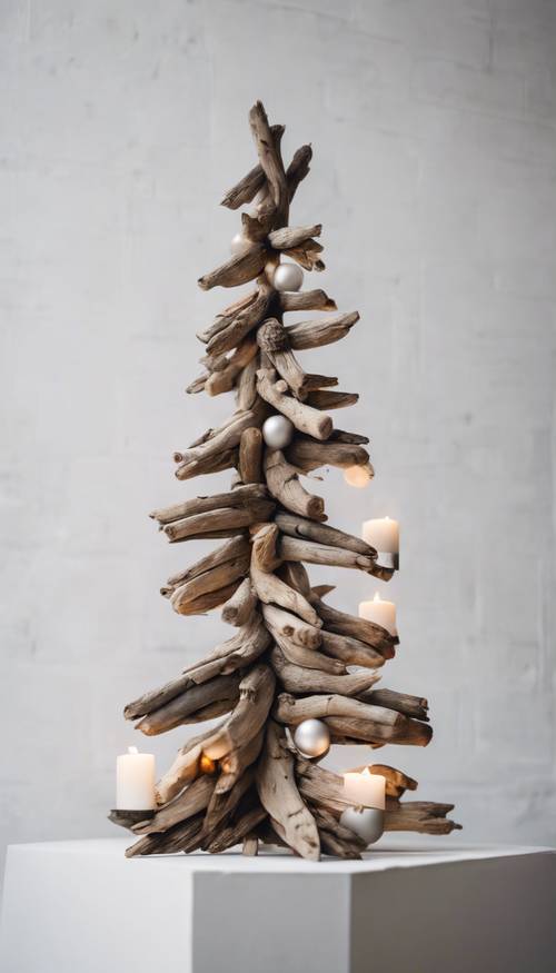 A rustic minimalist Christmas tree made from driftwood against a white wall