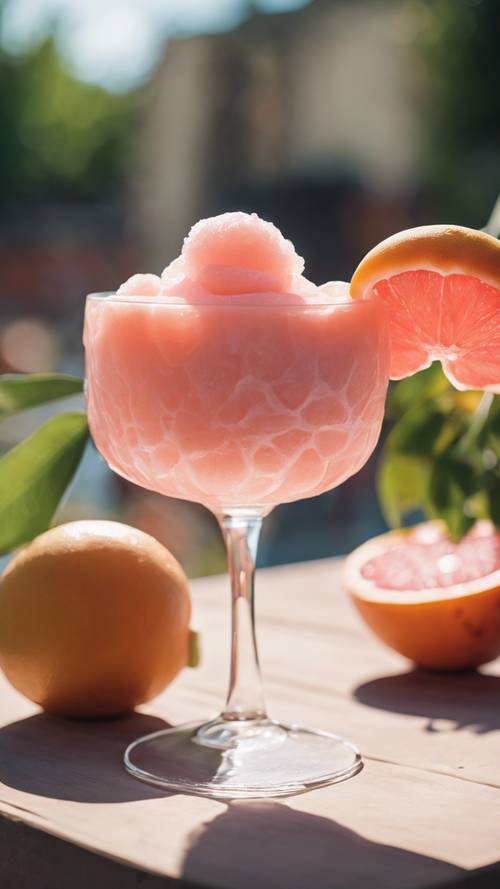 A pink grapefruit sorbet on a patio table in the summer sunshine.