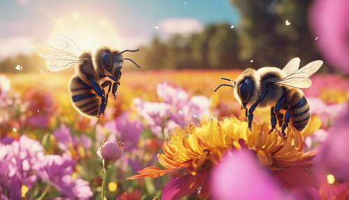 Một cặp ong ngọt ngào theo phong cách anime có sọc hình trái tim đang vui đùa trên cánh đồng hoa rực rỡ dưới bầu trời đầy nắng.