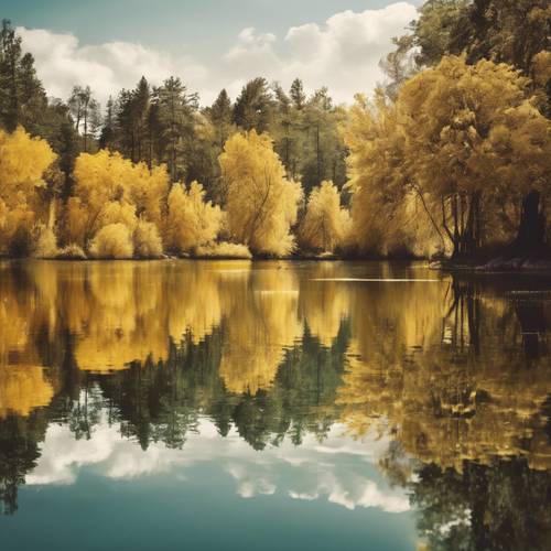 Сюрреалистическое изображение озера из жидкого золота, окаймленного изумрудными деревьями под сапфировым небом. Обои [2c83c3ec871e4f29b02f]