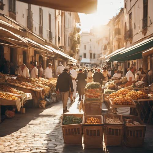 Pasar Minggu yang ramai di kota kecil Mediterania berwarna putih dengan sinar matahari keemasan menyinari.