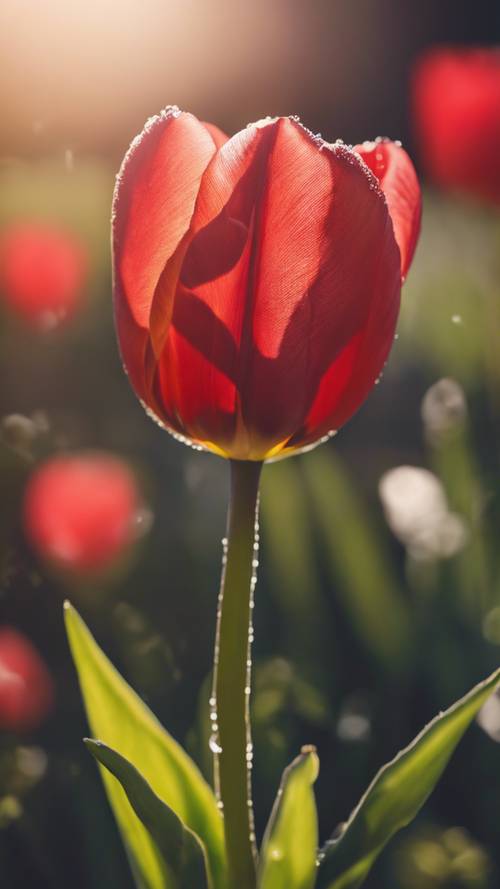 A bright red tulip blossoming in a sunlit garden with morning dew on its petals.