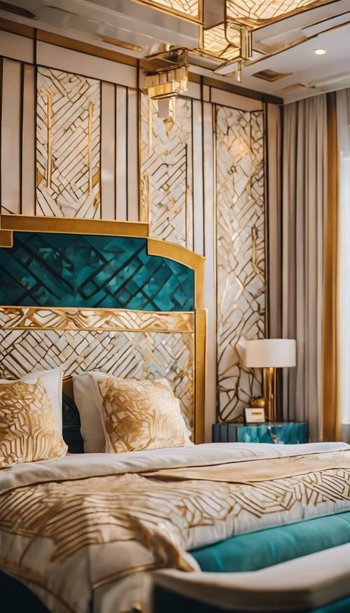 Une chambre art déco vibrante avec des motifs géométriques et des accents dorés.