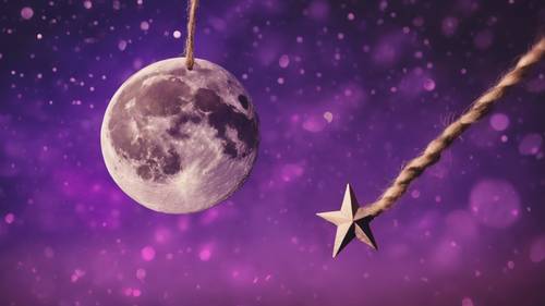 A cherubic moon dangling a star on a string amidst a dreamy purple night sky.