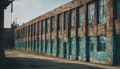 An old factory building constructed from rugged teal bricks, windows covered in grime.