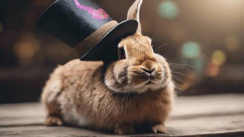 一只戴着魔术师帽子的兔子，探出头来，让观众惊叹不已。