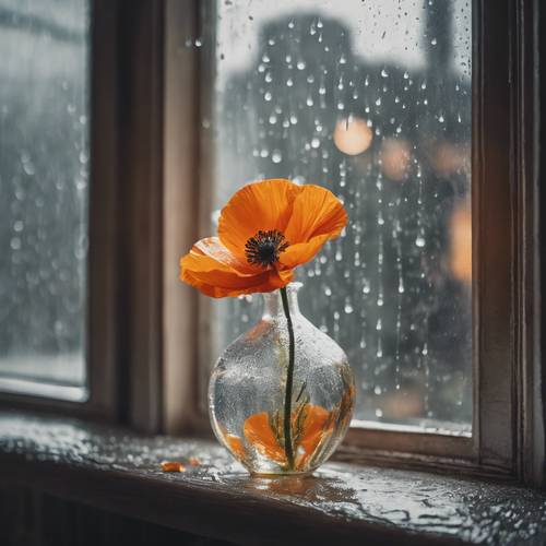 Una amapola naranja en un jarrón transparente sobre el alféizar de una ventana rústica, con el telón de fondo de un día lluvioso en el exterior.