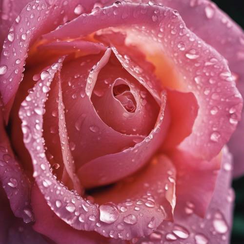 A close-up of morning dew settling on the vibrant petals of a rose. Tapeta [98da73ed3583490b98dc]