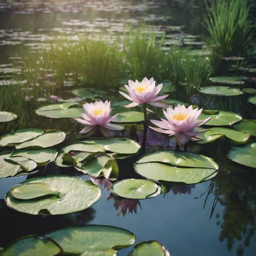 Sakin yeşil bir gölet üzerinde huzur içinde yüzen, Monet&#39;ten ilham alan nilüferler.