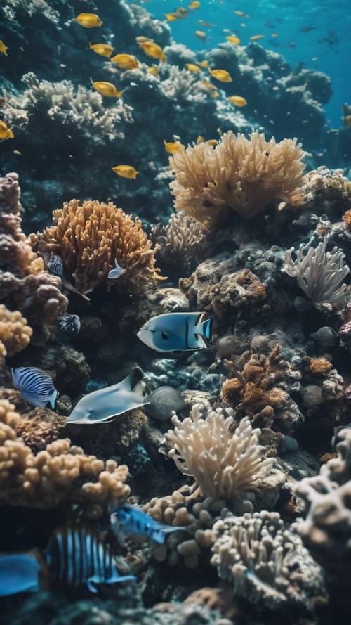 広大な海でクールなブルーの海洋生物があふれるサンゴ礁の壁紙