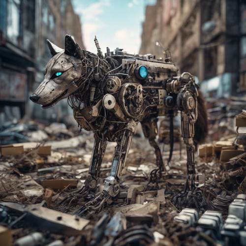 Un&#39;arte digitale di un lupo robotico, le sue caratteristiche meccaniche completate dalla sua pelliccia, ingranaggi che girano e occhi luminosi, posato in un mucchio di rottami urbani distopici vividamente illuminati.