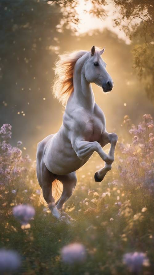 Şafak öncesi yumuşak bir ışık altında parlayan büyülü çiçeklerle mistik bir çayırda zıplayan zarif bir at adam.