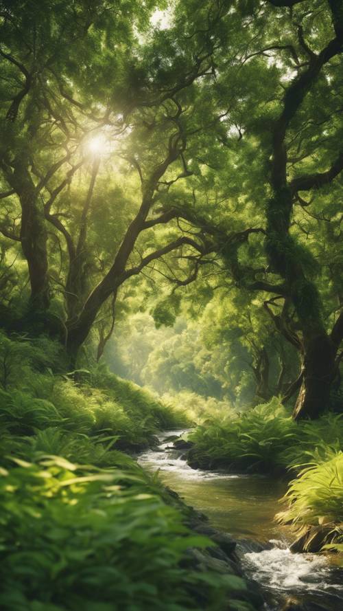 Uma vasta paisagem repleta de árvores verdejantes e riachos cristalinos sob um sol brilhante.