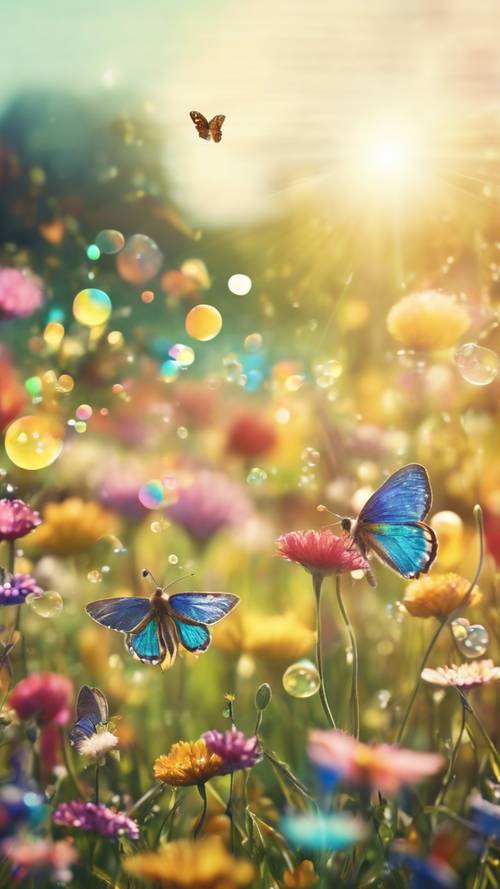 子供の夢の遊び心あふれる、虹色の蝶々や泡を吹くハチが飛ぶ日向ぼっこの草原