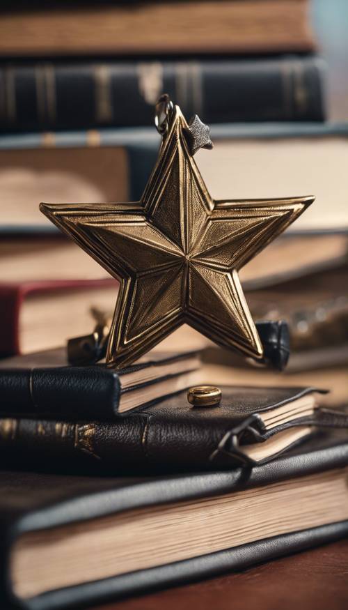 A preppy styled star charm attached to a leather book bag placed next to a stack of books. Tapet [d8ece159ef6e4f4a8883]