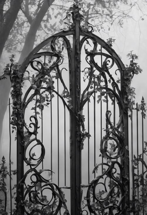 A haunting black and white impression of a gothic iron gate draped with ivy and misty fog.