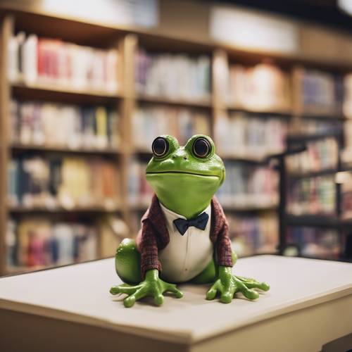 A preppy frog in a bookstore browsing the philosophy section.