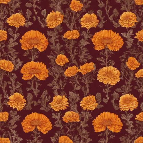 Un intrincado patrón floral indio con exuberantes flores de caléndula sobre un rico fondo color burdeos.