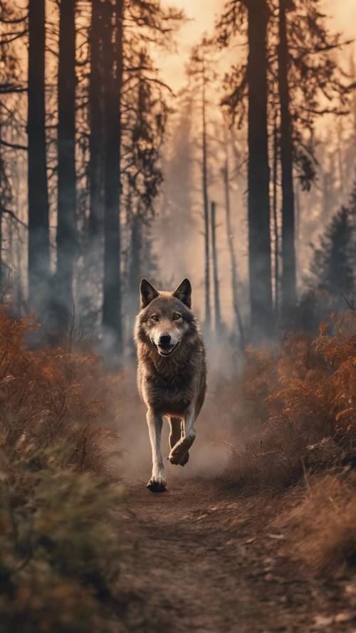 Una scena panoramica drammatica con un lupo al galoppo che fugge maestosamente da un incendio in un fitto bosco.