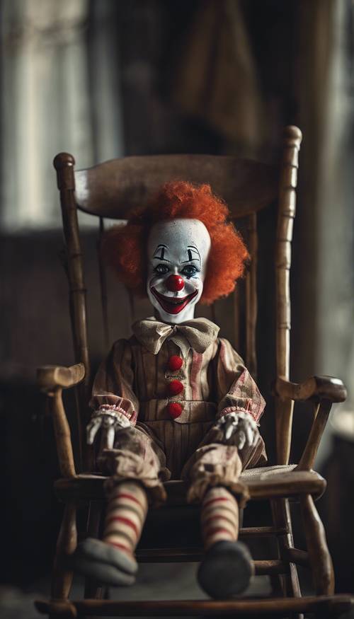 Eine antike Clownpuppe mit einem finsteren Grinsen sitzt auf einem alten Schaukelstuhl in einem schwach beleuchteten Raum.