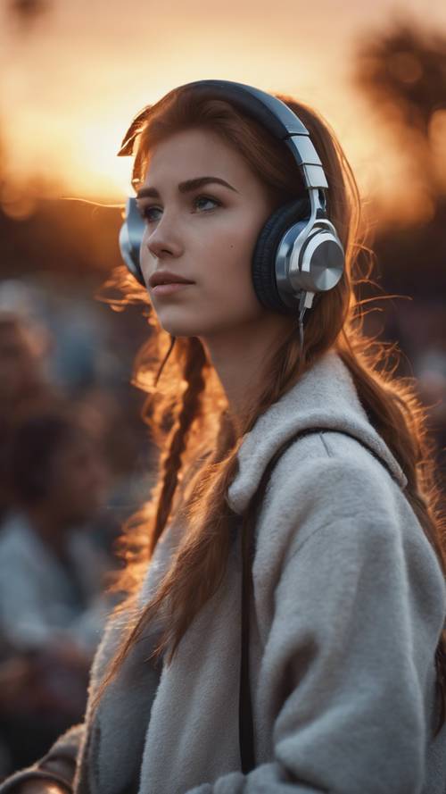Uma garota moderna com fones de ouvido, perdida no transe da música, iluminada pelo pôr do sol.