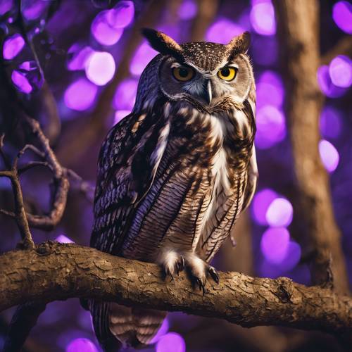 Dzika sowa siedząca nocą na gałęzi drzewa, z efektownymi fioletowymi oczami.