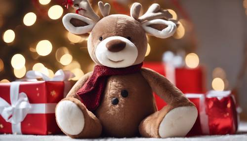 Uma rena macia de pelúcia marrom com nariz vermelho, ao lado de alguns presentes de Natal embrulhados.