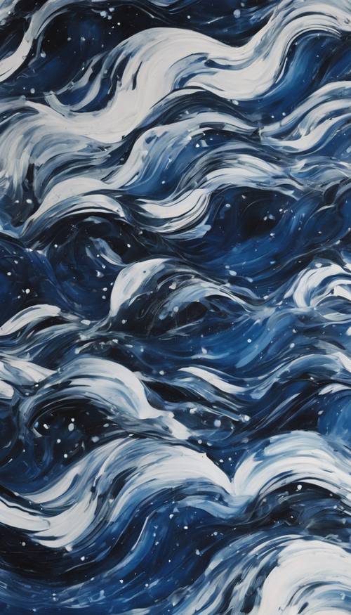 An abstract painting featuring waves of dark blue and white.