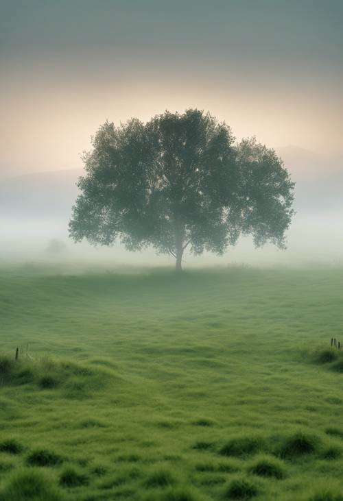 A blanket of thick morning mist settled across a tranquil green plain