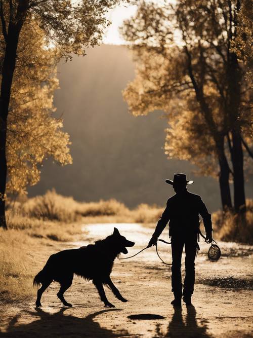 一張牛仔與他的狗玩耍的剪影照片。