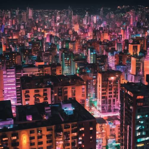 Оживленный городской пейзаж с неоновыми зданиями, украшенными светящимися горошками в яркую ночь.