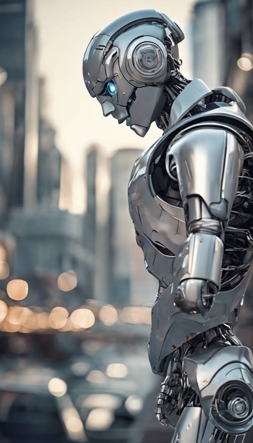 Un robot metallico grigio argento in una città futuristica.