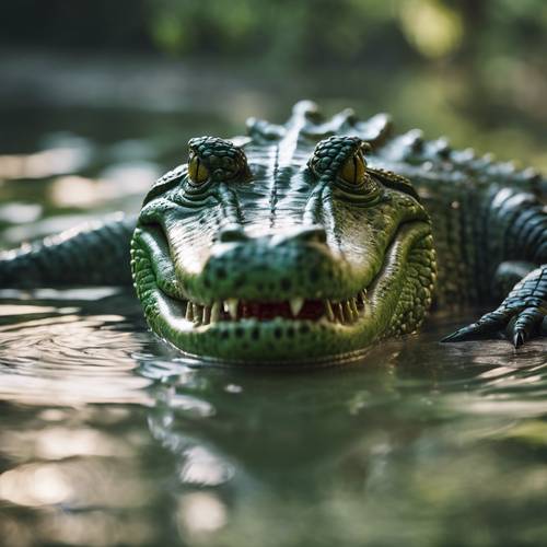 Un cocodrilo verde camuflado espera tranquilamente en el agua turbia a su presa.