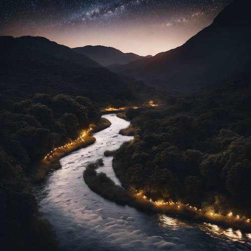 Emoji of a winding black river flowing silently under the starlit night sky. Ფონი [a12bcaa77cde4cec8442]