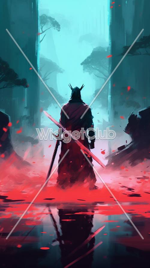 Samurai em vermelho em pé em uma floresta enevoada