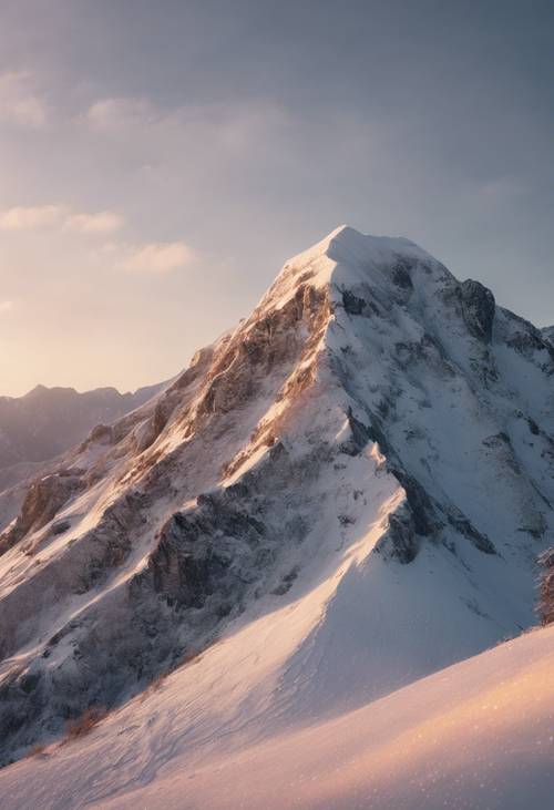 A snowy mountain peak glowing in the gentle light of dusk, textures of the rock face visible beneath the snow.