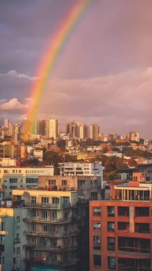 An urban scene during the golden hour with a bright, aesthetic rainbow adorning a clear sky.
