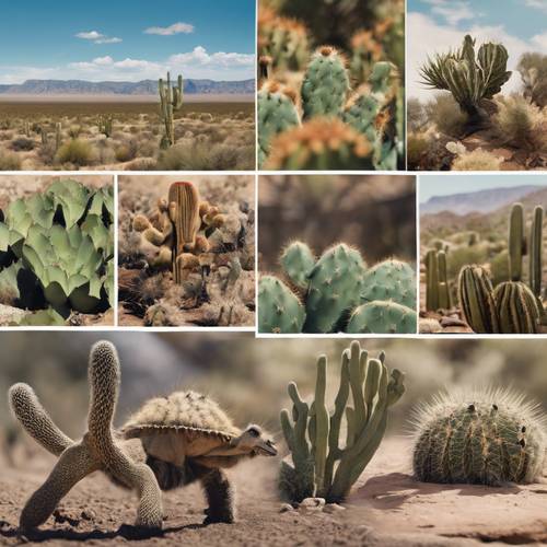 Collage détaillé présentant les différentes flores et faunes trouvées dans les plaines occidentales, notamment les cactus, les serpents à sonnettes et les bisons.