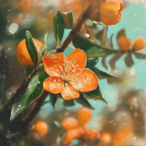 Mid-century art style painting of a vibrant orange blossom.