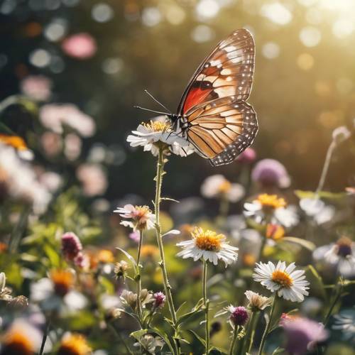 Malowniczy letni ogród pełen kwitnących kwiatów i fruwających motyli w jasnym porannym słońcu.