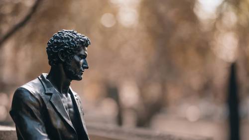 Une statue noire d&#39;un homme pensant, une citation sur la sagesse apparaît dans l&#39;espace vide à côté de lui.