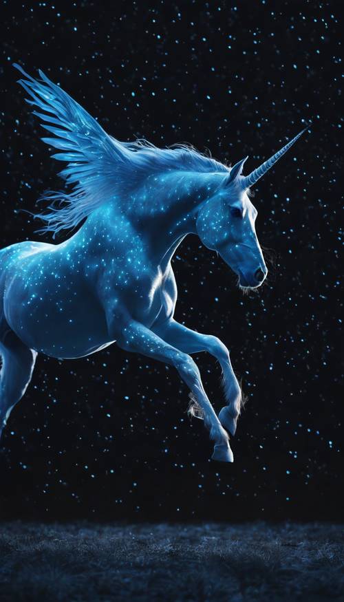 Seekor unicorn biru neon terbang melawan langit yang gelap gulita.